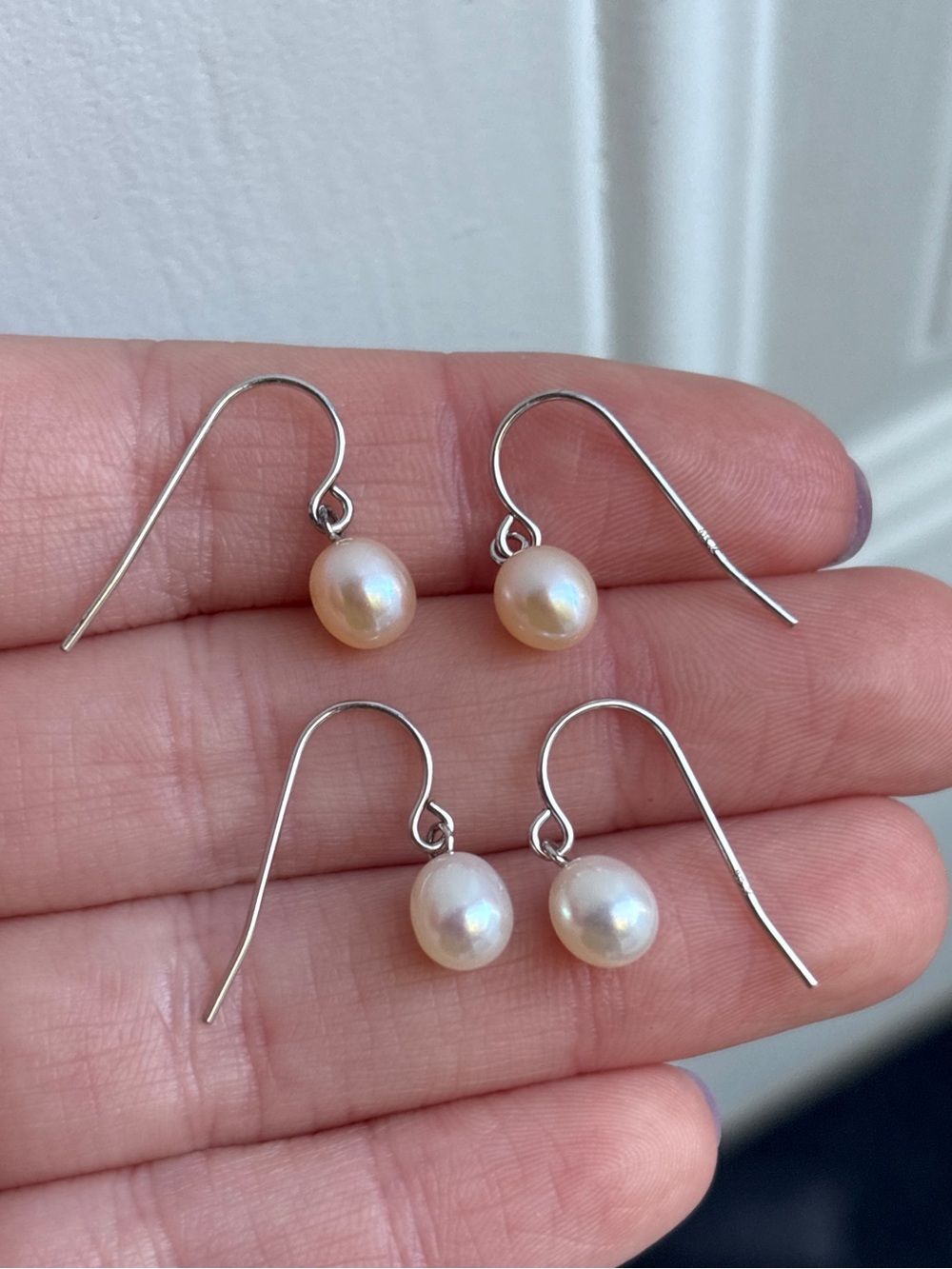 Sterling Silver Genuine White Pearl Dangle Drop Hook Earrings - Picture 5 of 8